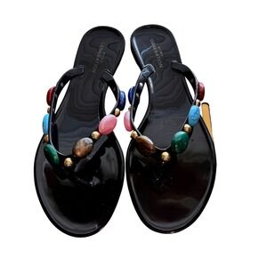 BCBGeneration Uleema Black Jelly Thong Sandals Multi Cabochon Stones Size8M 38.5